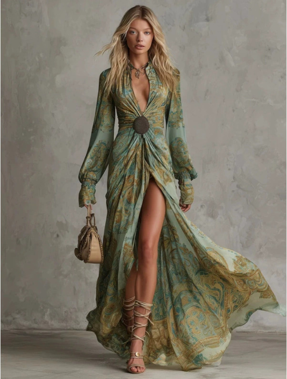 FOREVER 21 Charming Retro Square Neck Green Floral Maxi Dress